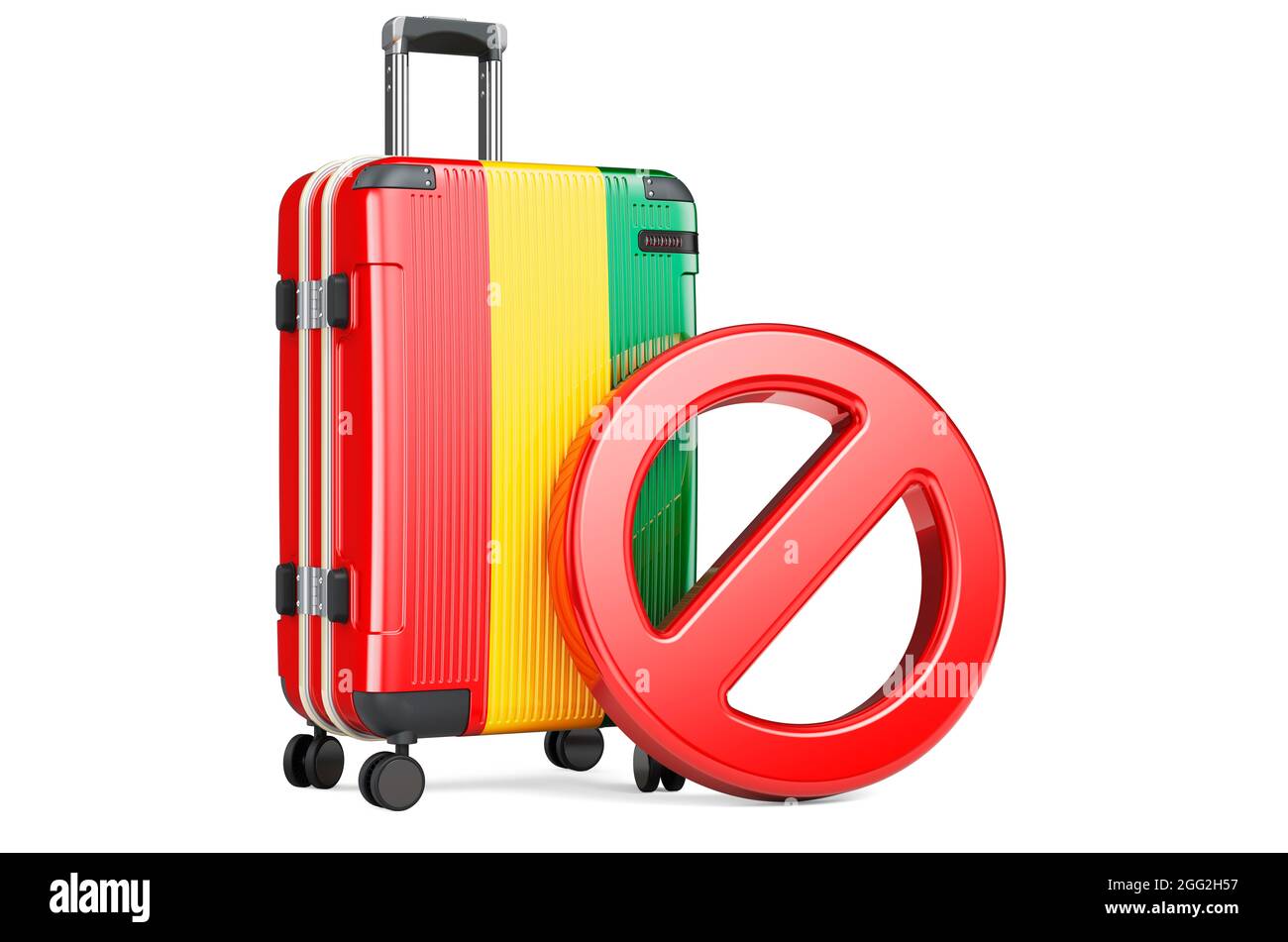 Guinea Entry Ban. Suitcase with Guinean flag and prohibition sign. 3D