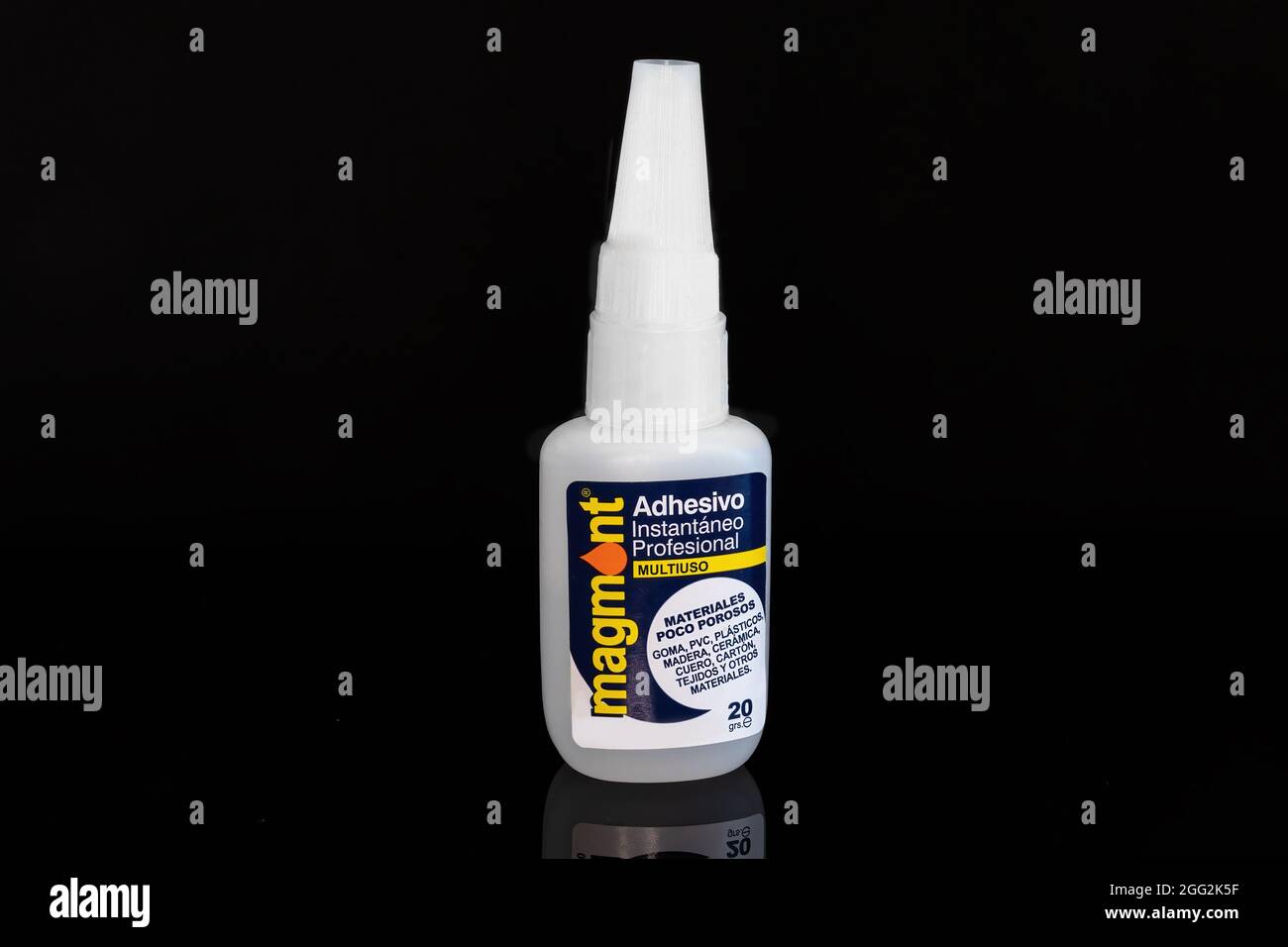 Huelva, Spain - August 28, 2021: Bottle of cyanoacrylate adhesive of a generic spanish brand. Cyanoacrylates are a family of strong fast-acting adhesi Stock Photo