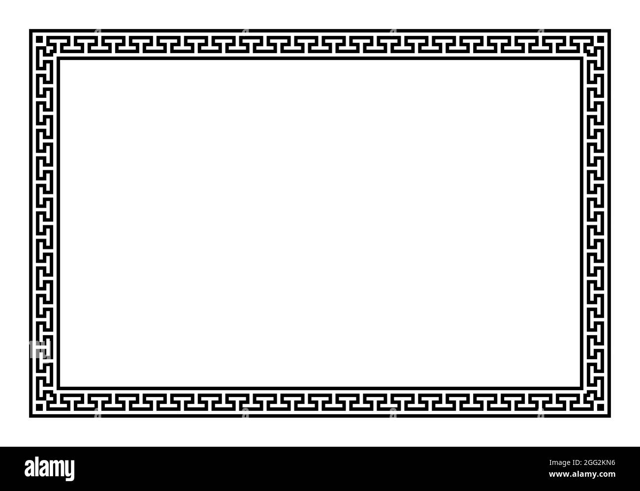Rectangular frame with seamless meander pattern. Decorative border, made of continuous lines, shaped into a repeated motif. Known as Greek key pattern. Stock Photo