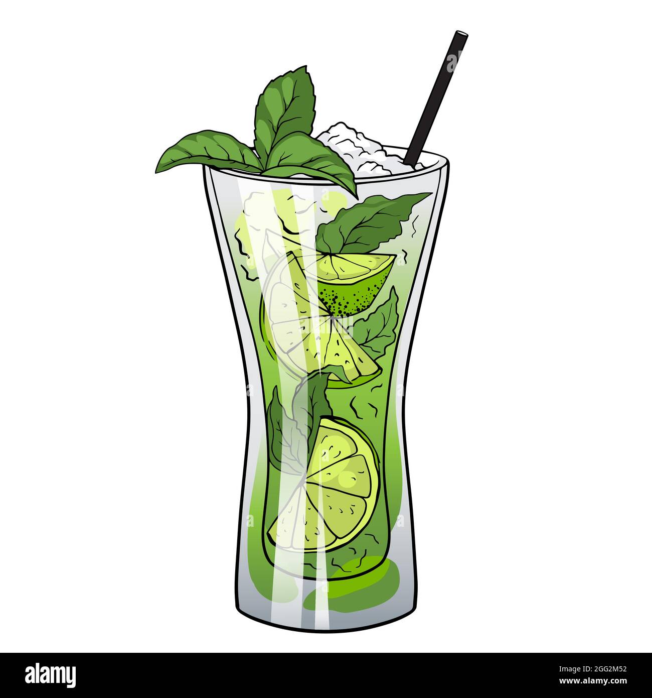 Mojito cocktail, hand drawn cocktail with ice, mint and lime. Vector ...