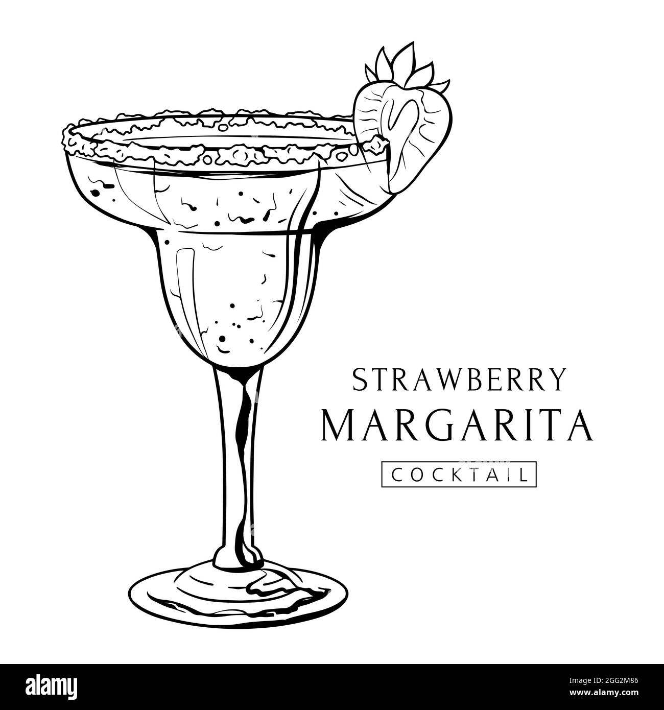 Strawberry Margarita cocktail, hand drawn alcohol drink with berry and
