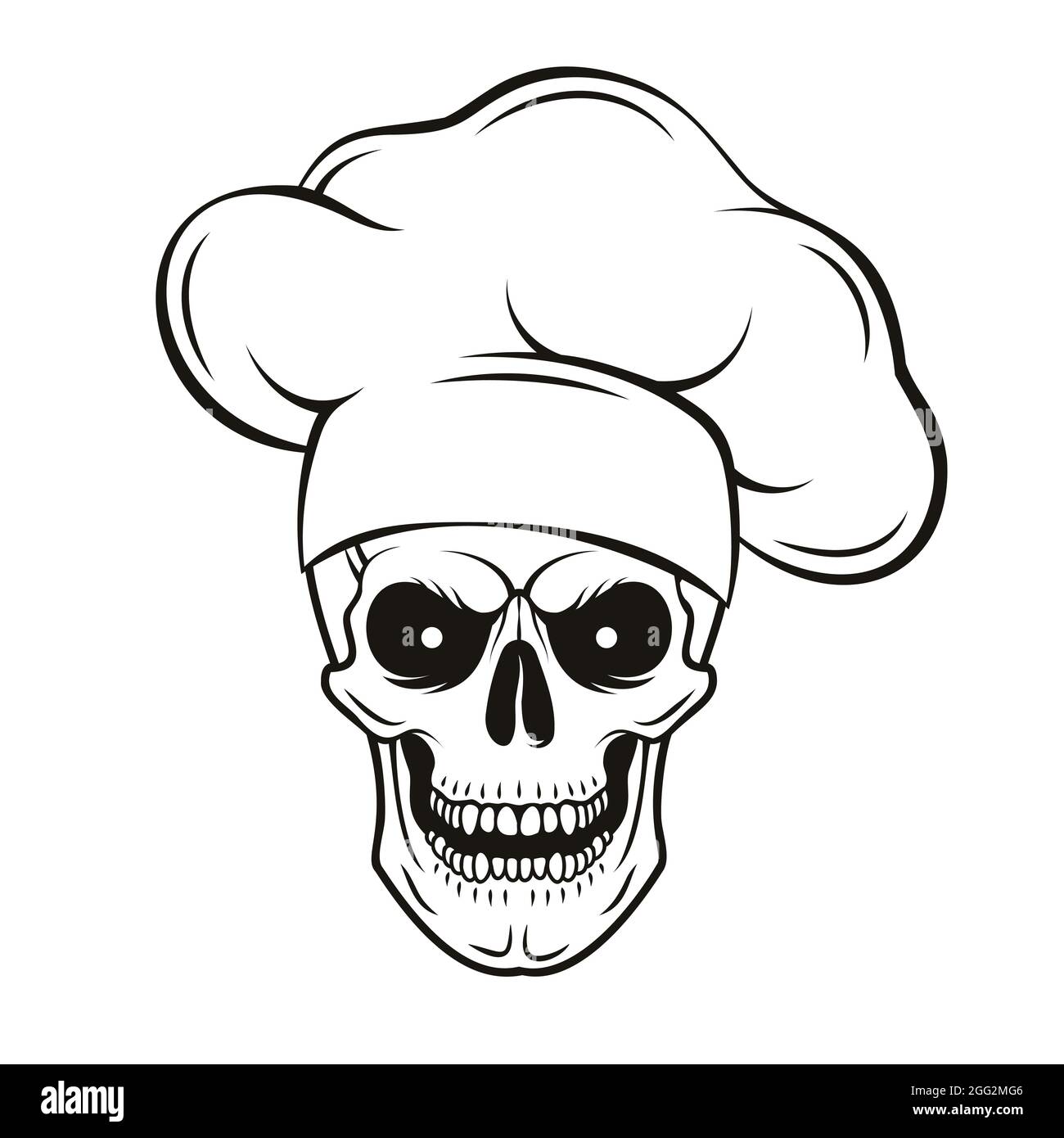 Grinning skull in chef hat. Cartoon 