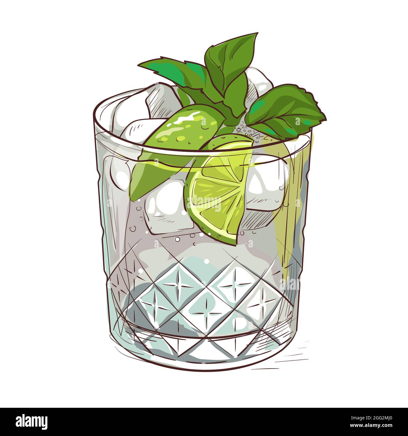 Mojito cocktail, hand drawn cocktail with ice, mint and lime. Vector