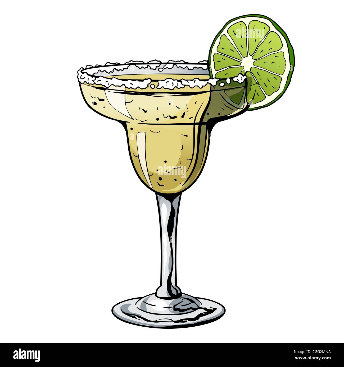 Margarita cocktail, hand drawn cocktail with ice, mint and lime. Vector