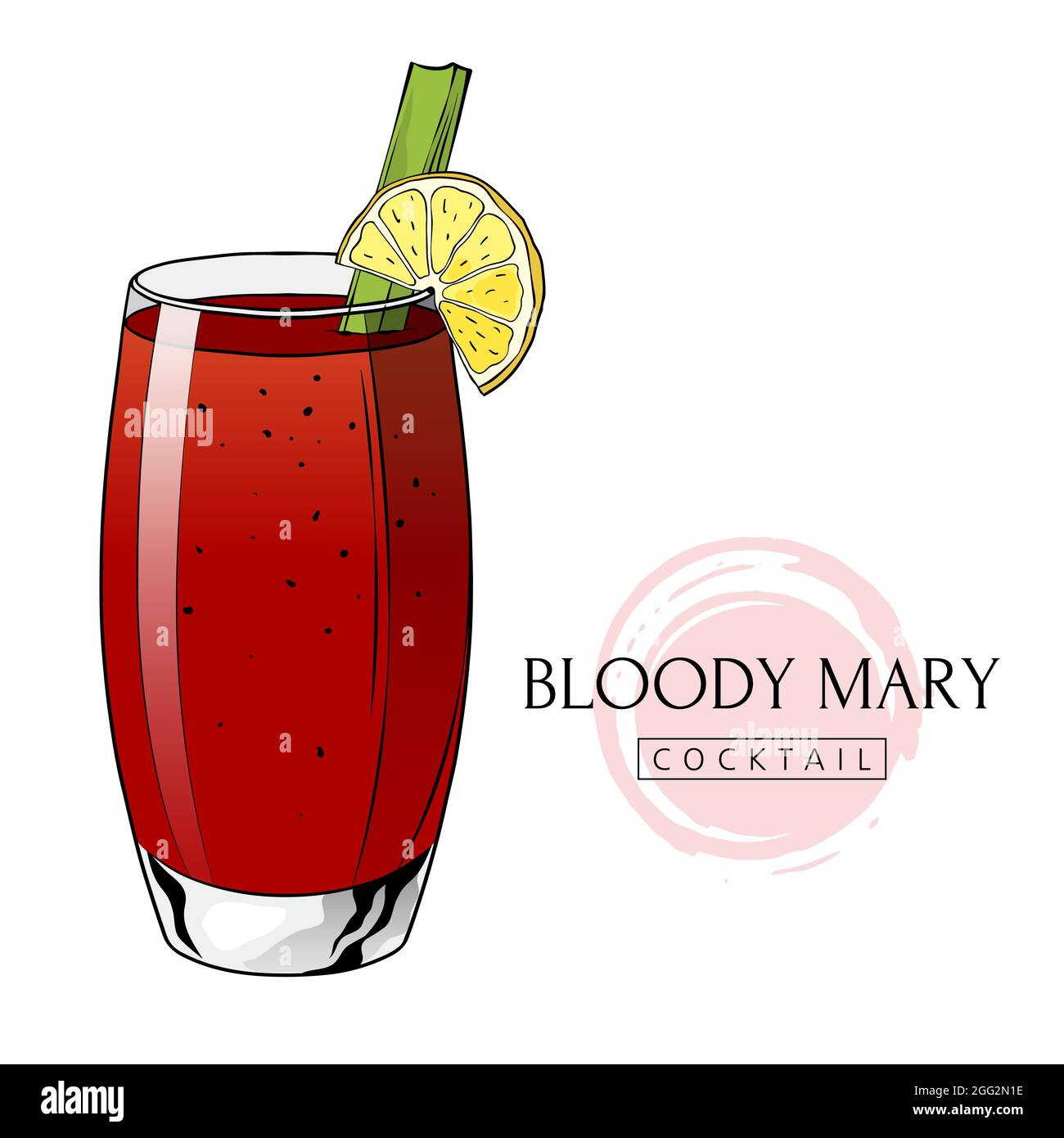 Bloody Mary cocktail, hand drawn alcoholic drink with lemon slice and