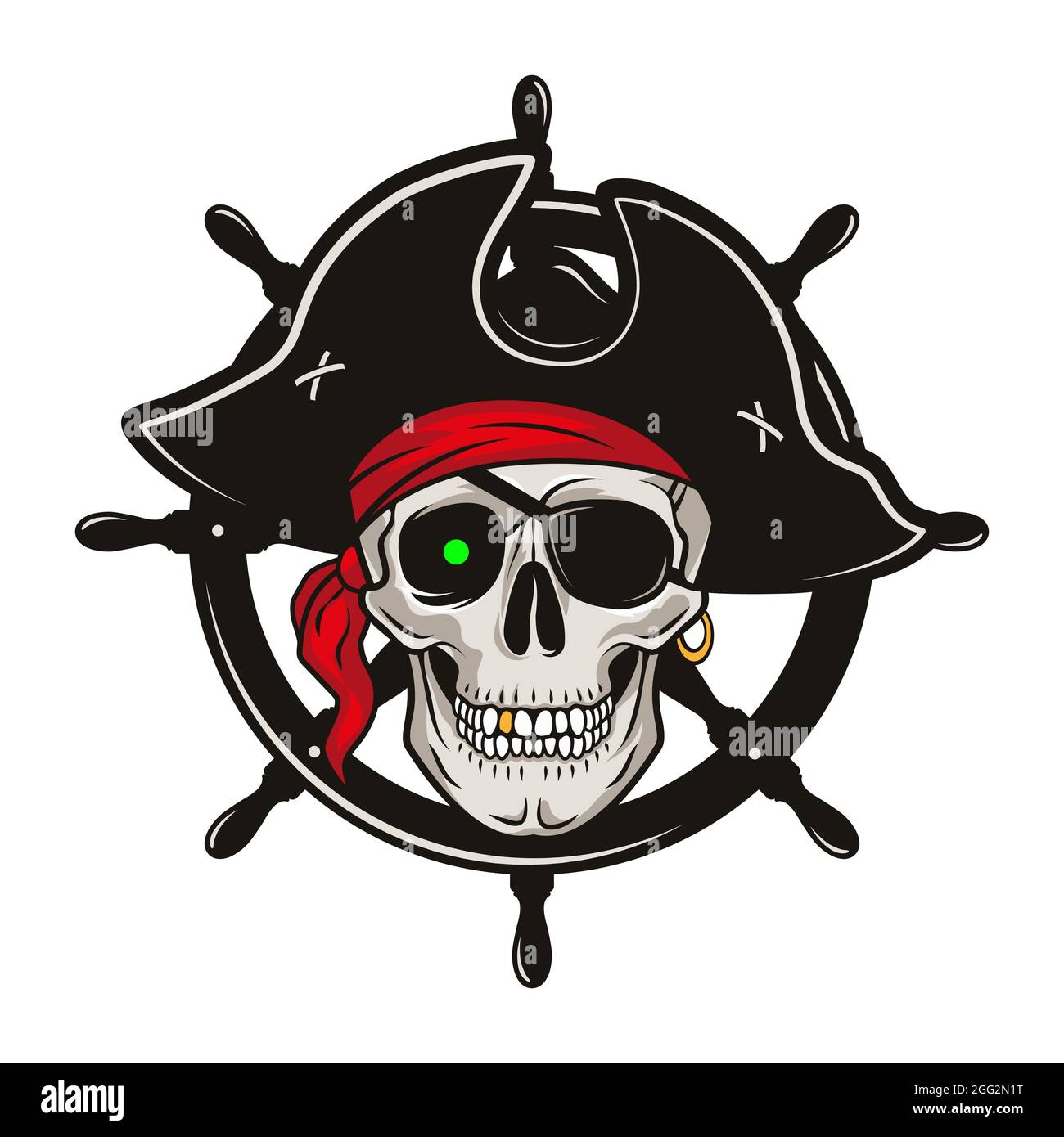 Pirate emblem with steering wheel and skull in a hat and eye patch ...