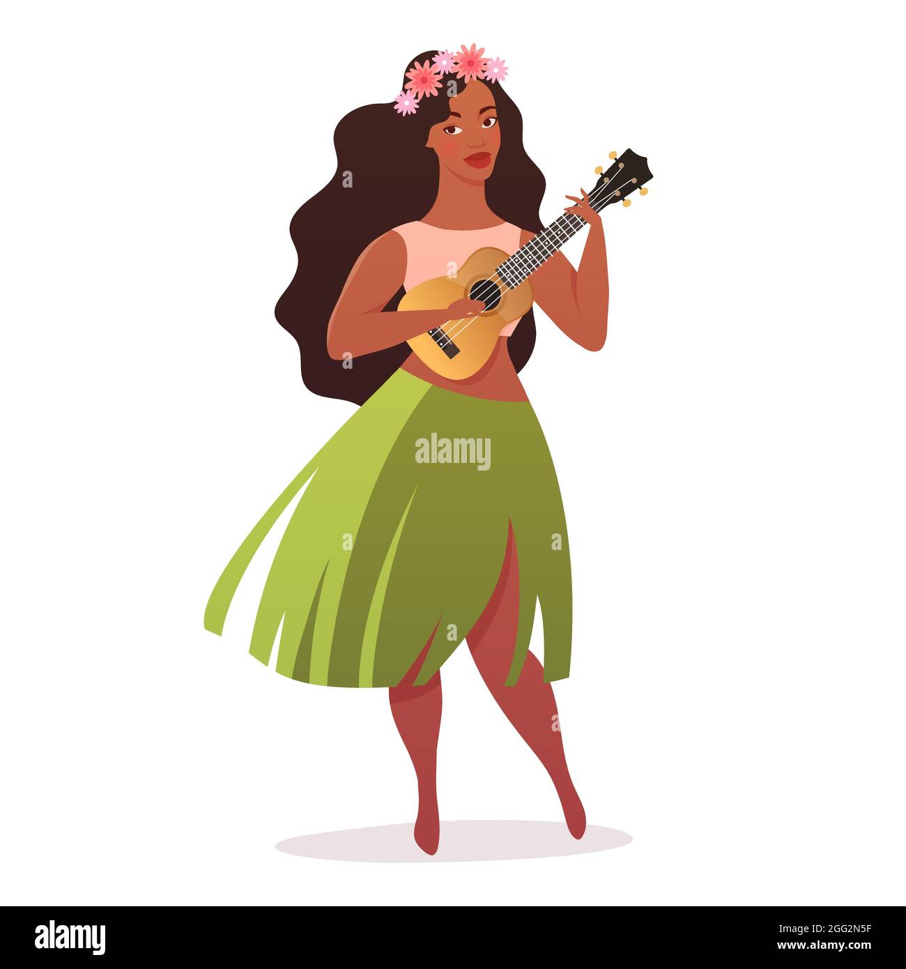 Young woman hula dancer in traditional hawaiian skirt with ukulele guitar. Vector illustration isolated on white background. Stock Vector