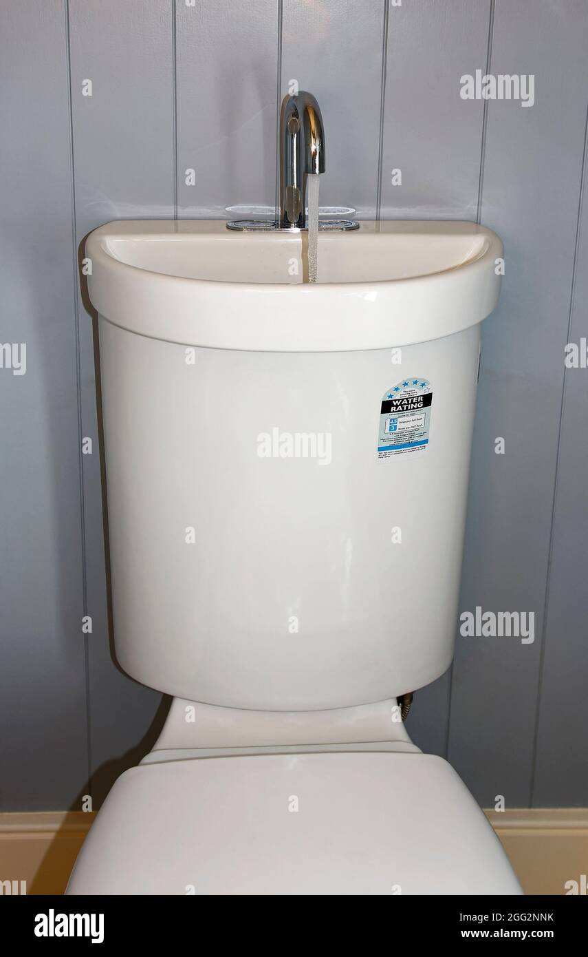 toilet sink combination, faucet on tank, running water, saves water when flushing, eco, green