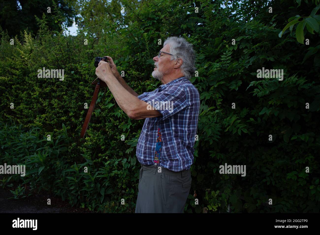 Retired man taking photograph in rural setting Stock Photo