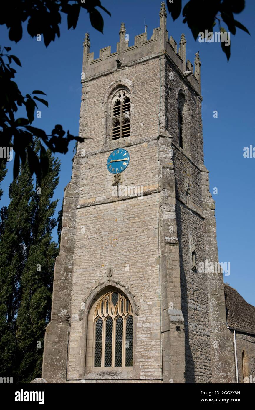 Tower of Church of St Andrew in Cleeve Prior near Evesham UK. Parts of the building go back to the 13th &14th Century. Major restoration 19thC Stock Photo