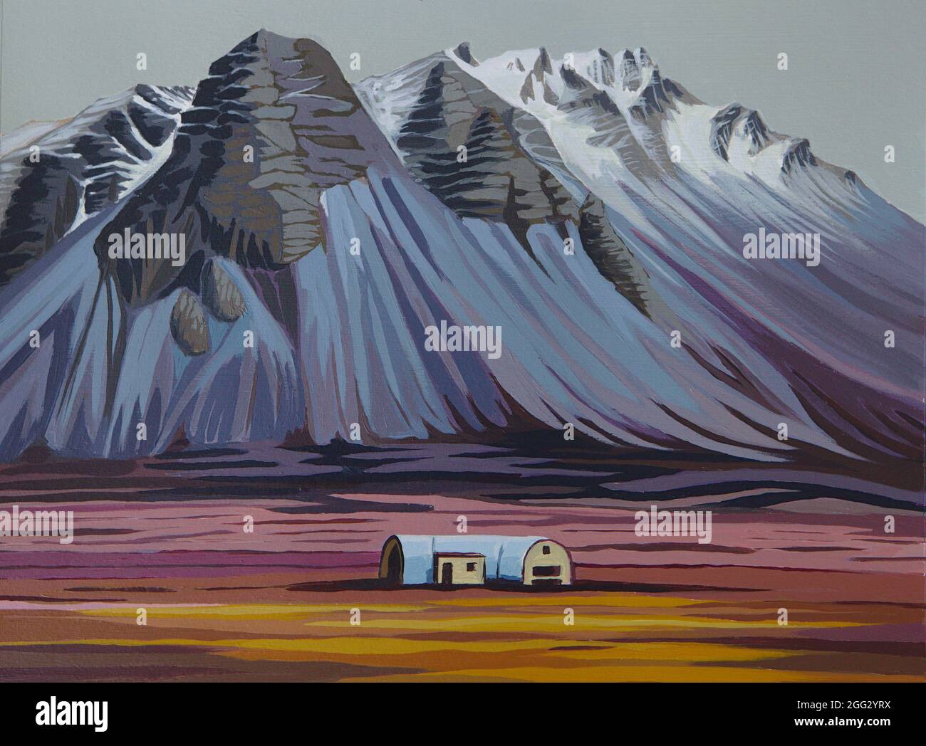 landscape painting of colourful mountain and icelandic home Stock Photo