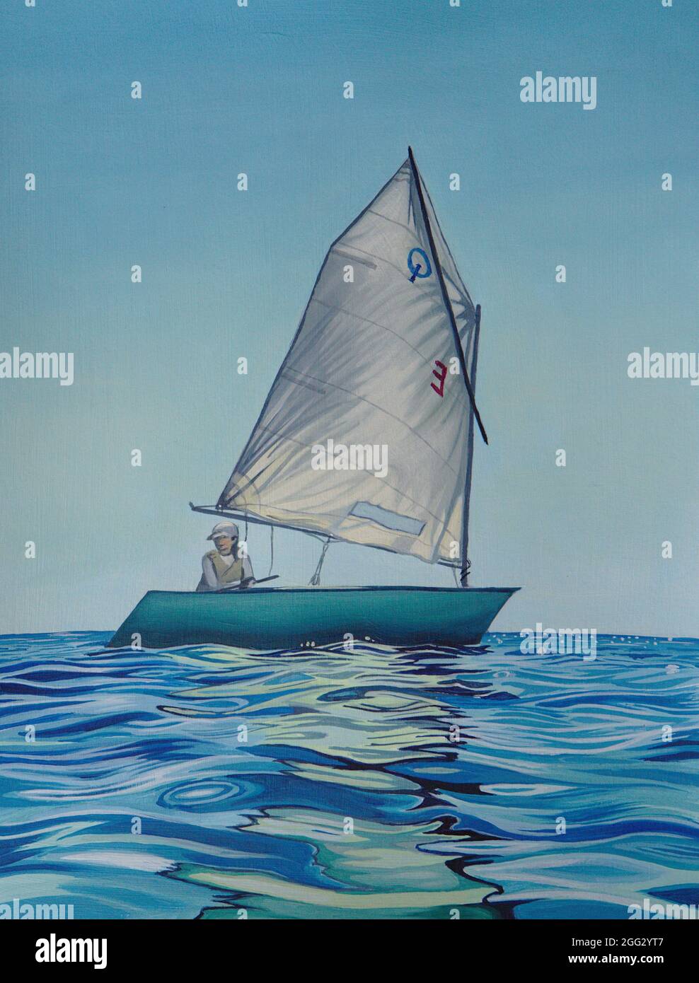 portrait painting of child in sailboat floating on the ocean Stock Photo