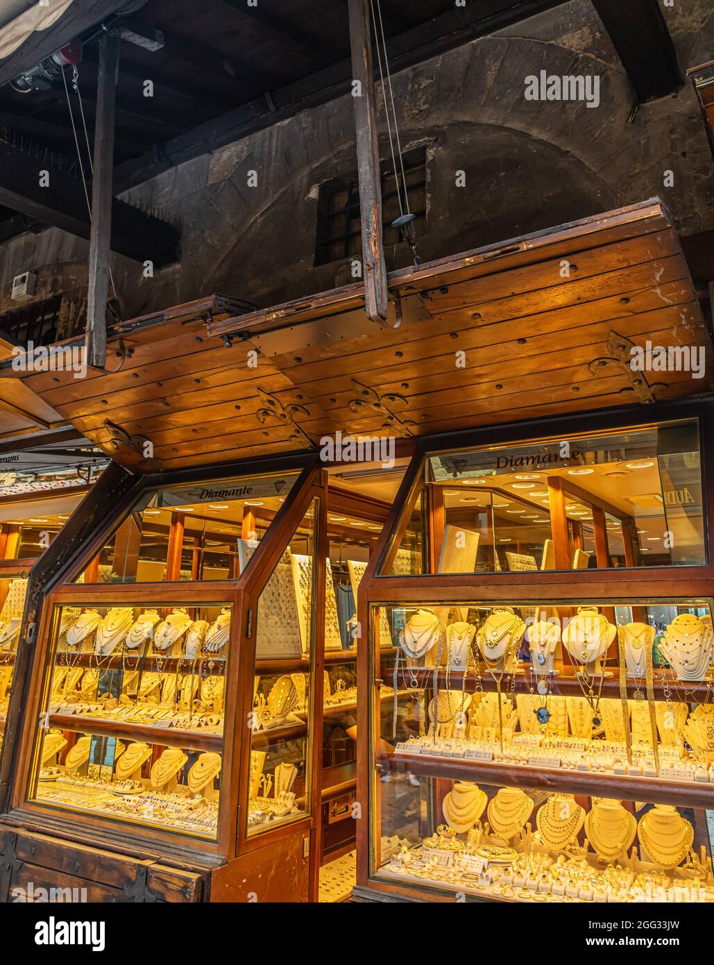 Inside bridge Ponte Vecchio in Florence. Closed Antique Jewelry Shops