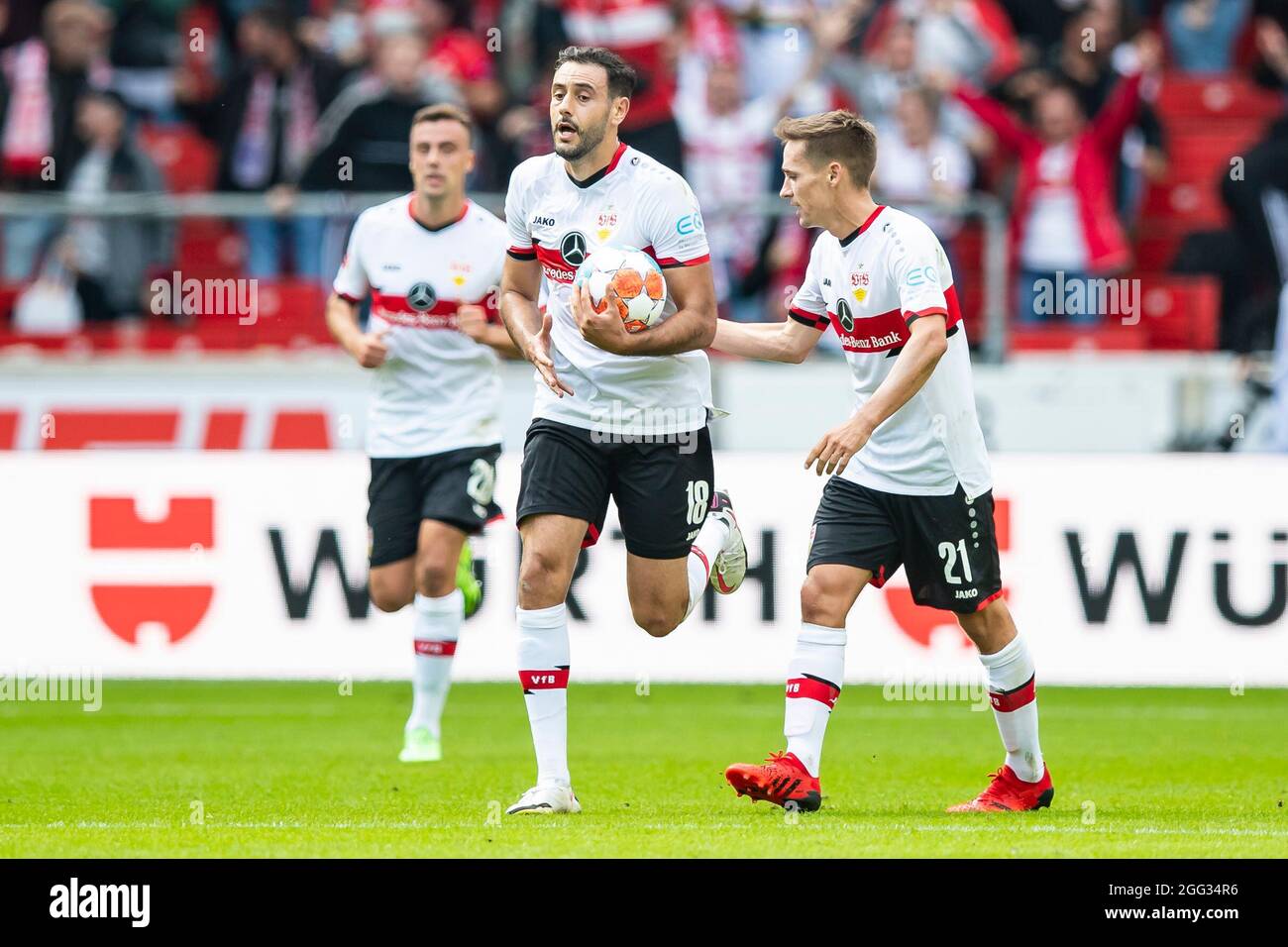 28 August 2021 Baden Wuerttemberg Stuttgart Football Bundesliga Vfb Stuttgart Sc Freiburg Matchday 3 At Mercedes Benz Arena Stuttgart S Hamadi Al Ghaddioui Centre Celebrates With Stuttgart S Philipp Forster L And Stuttgart S Philipp Klement
