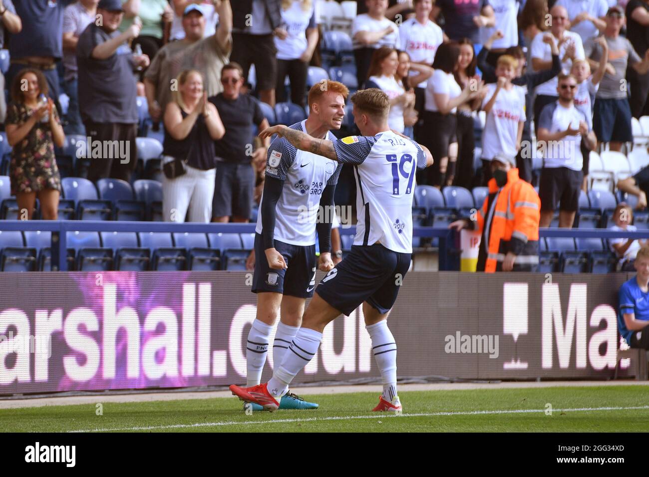 Preston North End's Darnell Fisher celebrates scoring his side's first goal of the game during the Sky Bet Championship match at the Deepdale Stadium, Preston. Picture date: Saturday August 28, 2021. Stock Photo