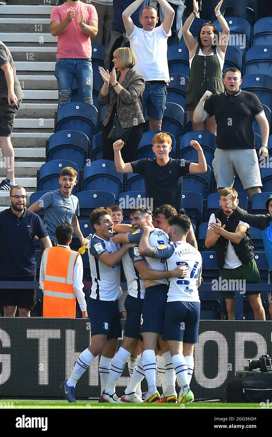 Preston North End's Ben Whiteman celebrates scoring his side's third goal of the game during the Sky Bet Championship match at the Deepdale Stadium, Preston. Picture date: Saturday August 28, 2021. Stock Photo