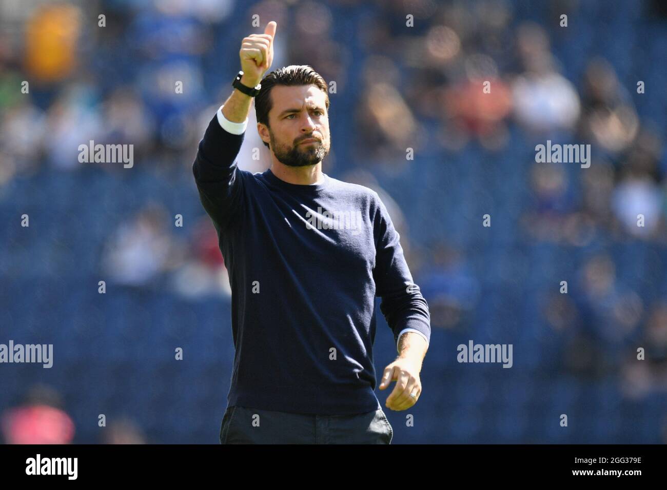 Swansea City manager Russell Martin acknowledges the fans during the Sky Bet Championship match at the Deepdale Stadium, Preston. Picture date: Saturday August 28, 2021. Stock Photo