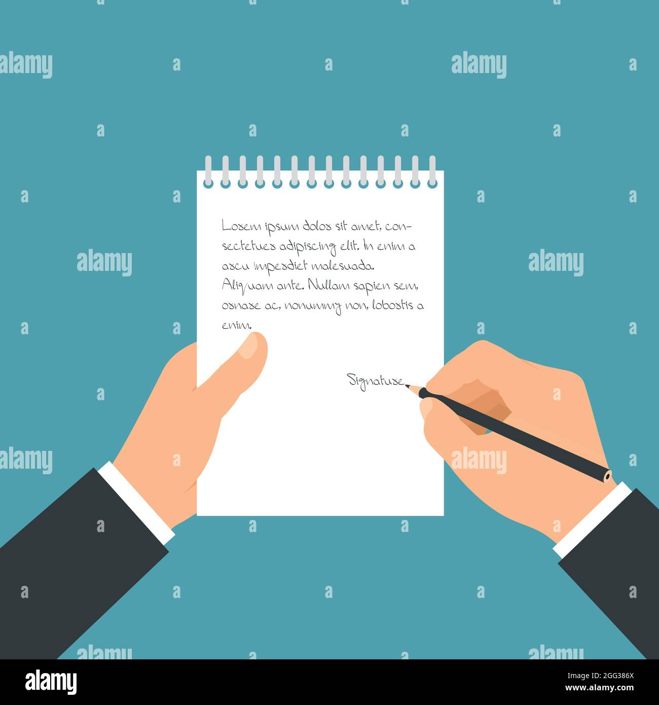 Flat design illustration of a manager's hand holding a paper pad and a pencil. He writes notes in a notebook - vector Stock Vector