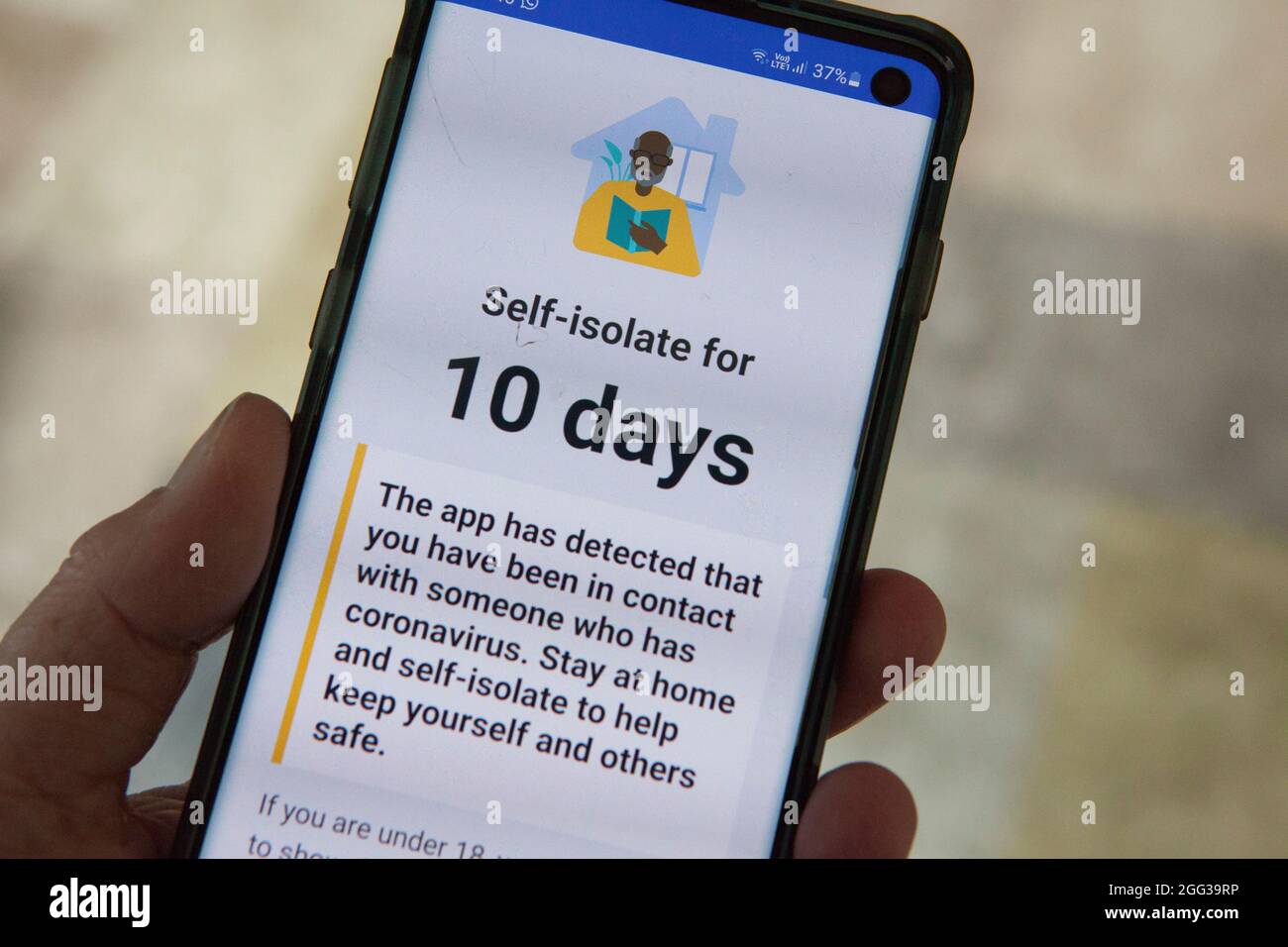 London, UK, 28 August 2021: With over 230,000 people per week testing positive for coronavirus in the UK, and on average over 100 people per day dying, this NHS Covid app notification to self-isolate for 10 days is a common sight. People who have received two vaccine doses are no longer required to self-isolate. Anna Watson/Alamy Live News Stock Photo