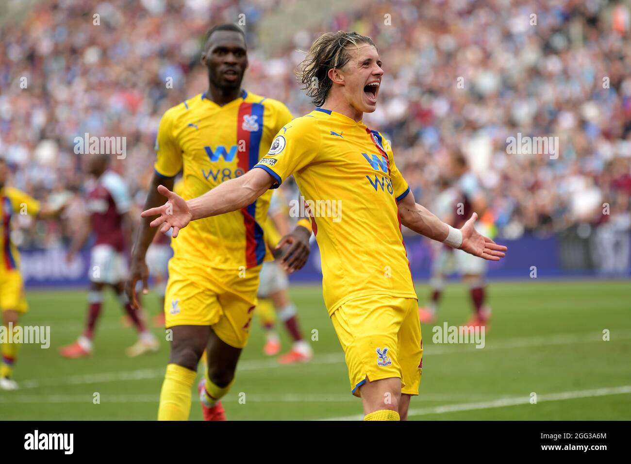 London, UK. 28th Aug, 2021. GOAL Conor Gallagher of Crystal Palace scores his second goal during the West Ham vs Crystal Palace Premier League match at the London Stadium Stratford. Credit: MARTIN DALTON/Alamy Live News Stock Photo