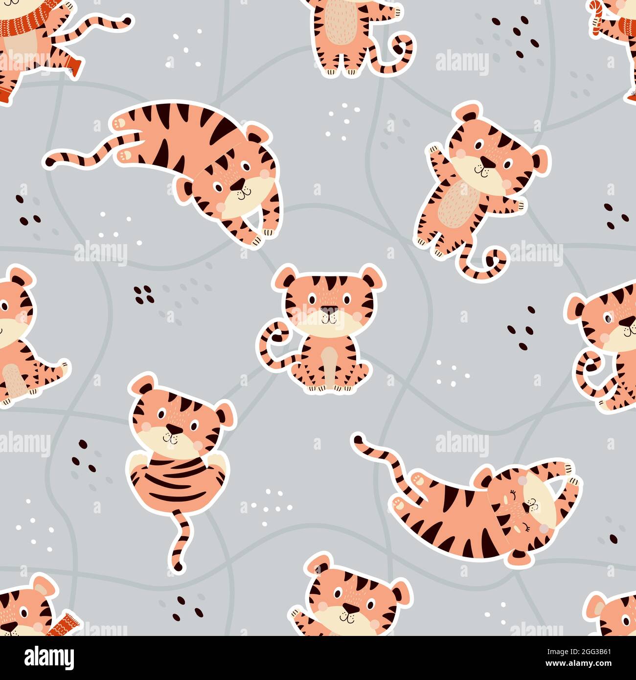 Seamless pattern with cute tigers. Sleeping, sitting playful striped tigers on a gray background with an abstract mesh pattern. Vector illustrations Stock Vector