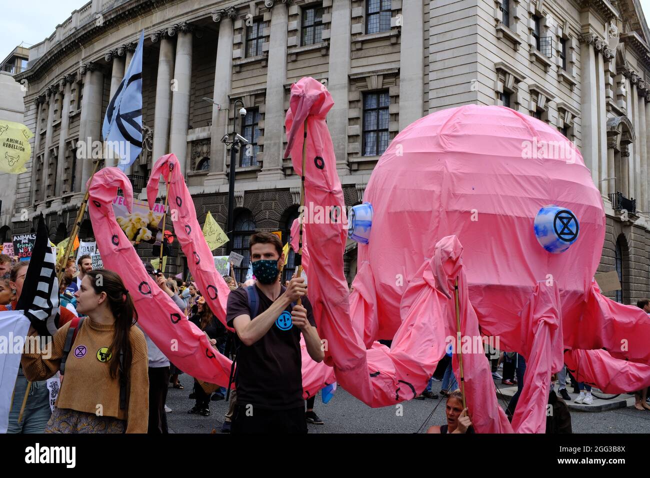 LONDON - 28TH AUGUST 2021: Animal Rebellion protesters on the National Animal Rights March in London. Stock Photo