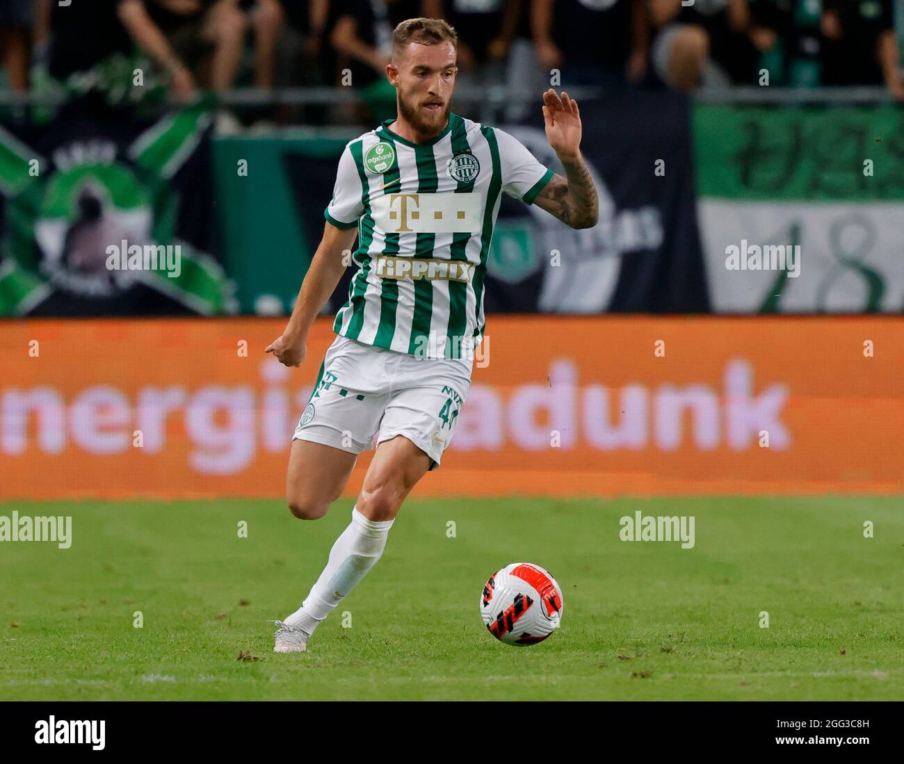 BUDAPEST, HUNGARY - AUGUST 4: Stjepan Loncar of Ferencvarosi TC controls  the ball during the UEFA Champions League Third Qualifying Round 1st Leg  match between Ferencvarosi TC and SK Slavia Praha at