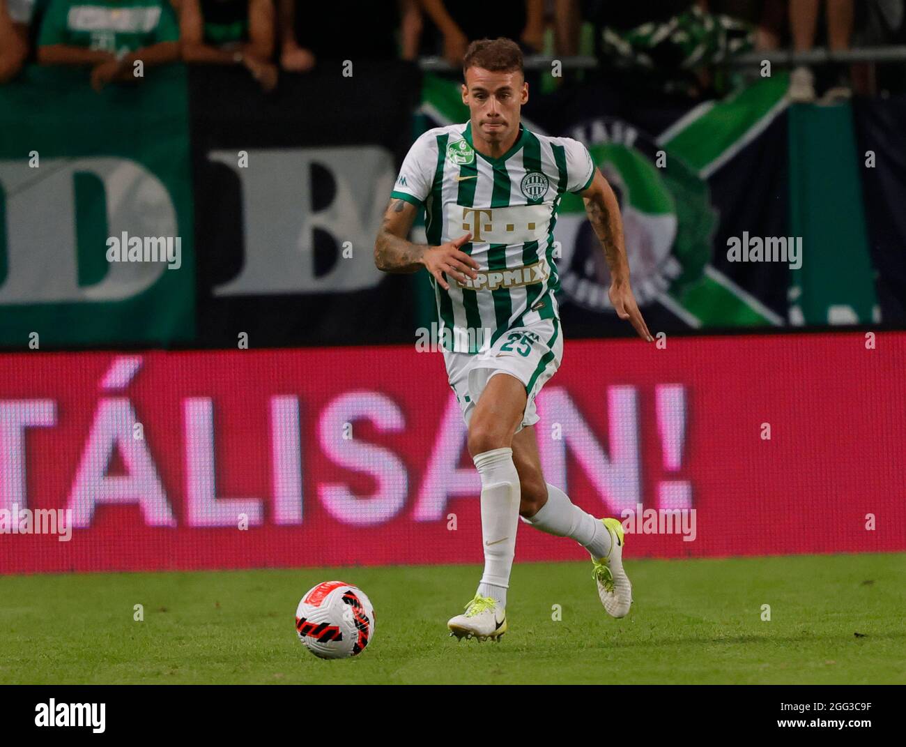 BUDAPEST, HUNGARY - AUGUST 4: Stjepan Loncar of Ferencvarosi TC controls  the ball during the UEFA Champions League Third Qualifying Round 1st Leg  match between Ferencvarosi TC and SK Slavia Praha at
