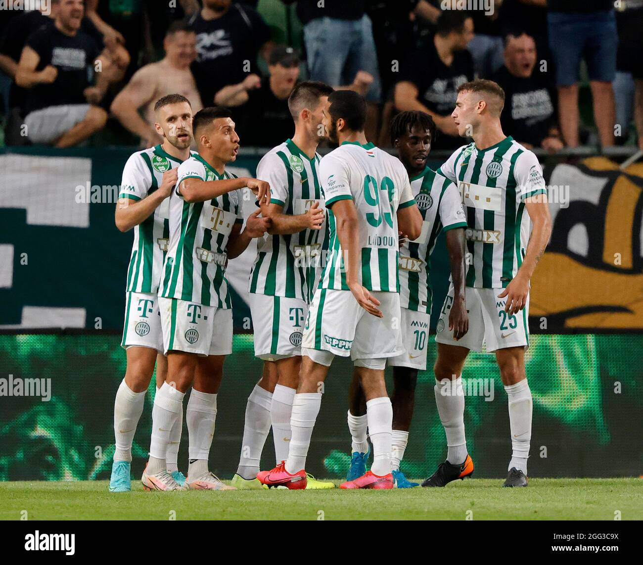 BUDAPEST, HUNGARY - AUGUST 4: (l-r) Eldar Civic of Ferencvarosi TC, Myrto  Uzuni of Ferencvarosi TC, Ihor Kharatin of Ferencvarosi TC, Aissa Laidouni  of Ferencvarosi TC, Tokmac Chol Nguen of Ferencvarosi TC