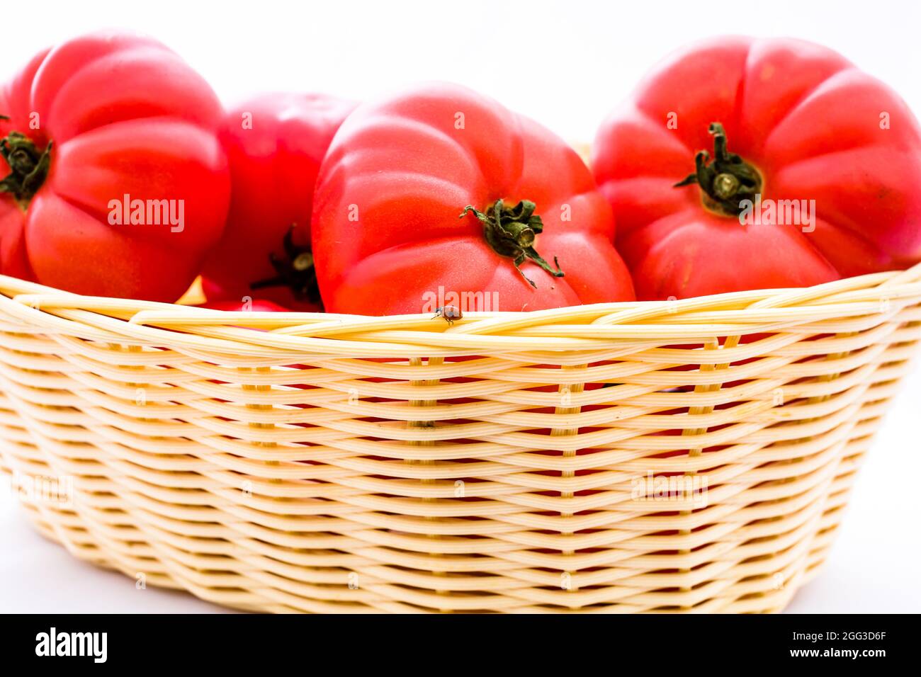 Fresh and tasty red tomatoes in wicker basket isolated Stock Photo - Alamy