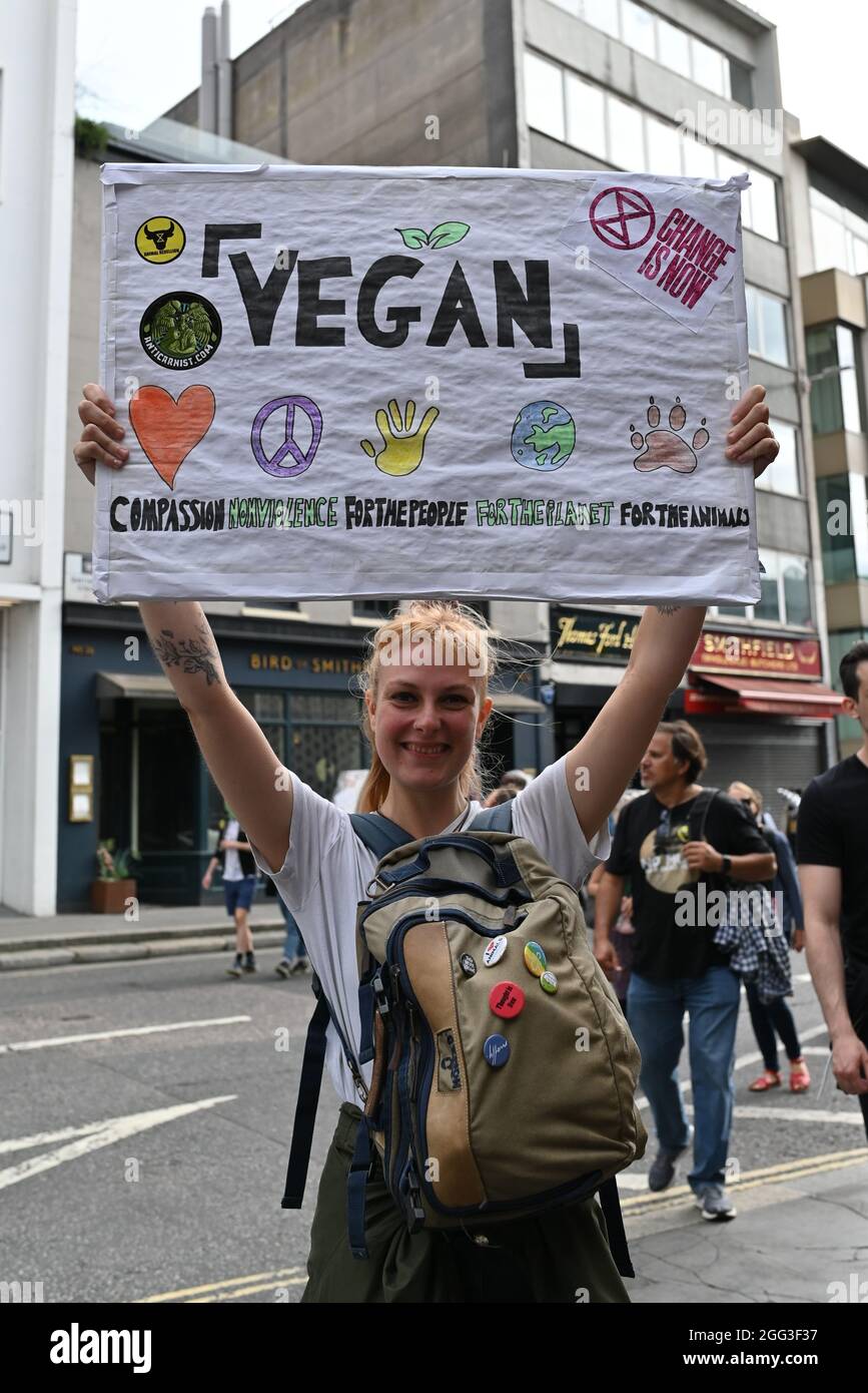 London, UK. 28 August 2021. Animal Rebellion and Extinction Rebellion ...