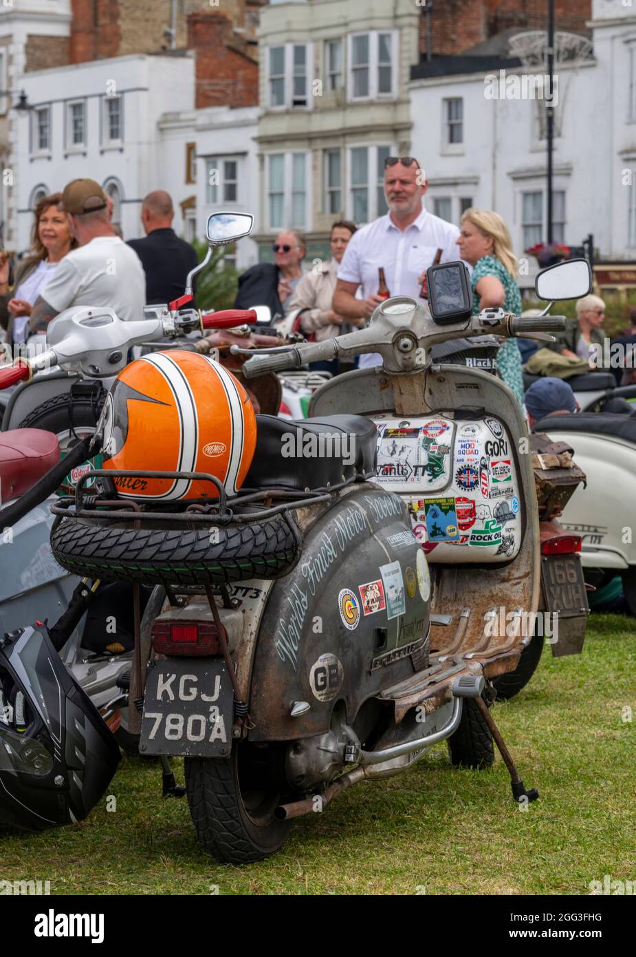 isle of wight scooter rally, ryde isle of wight, lambretta and vespa scooters, bank holiday scooter rally, mods and rockers, scooter enthusiasts rally Stock Photo