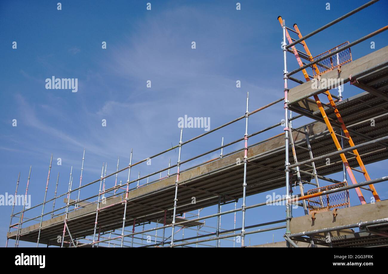 Scaffolding and step ladder at an Eildon Housing building site in Edgar Road, Westruther, Berwickshire, Scottish Borders, Scotland, UK. Stock Photo