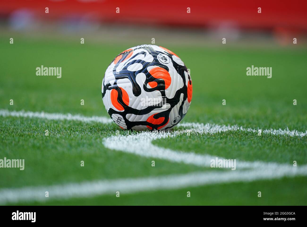 A close up of the match ball in the corner of the pitch during the