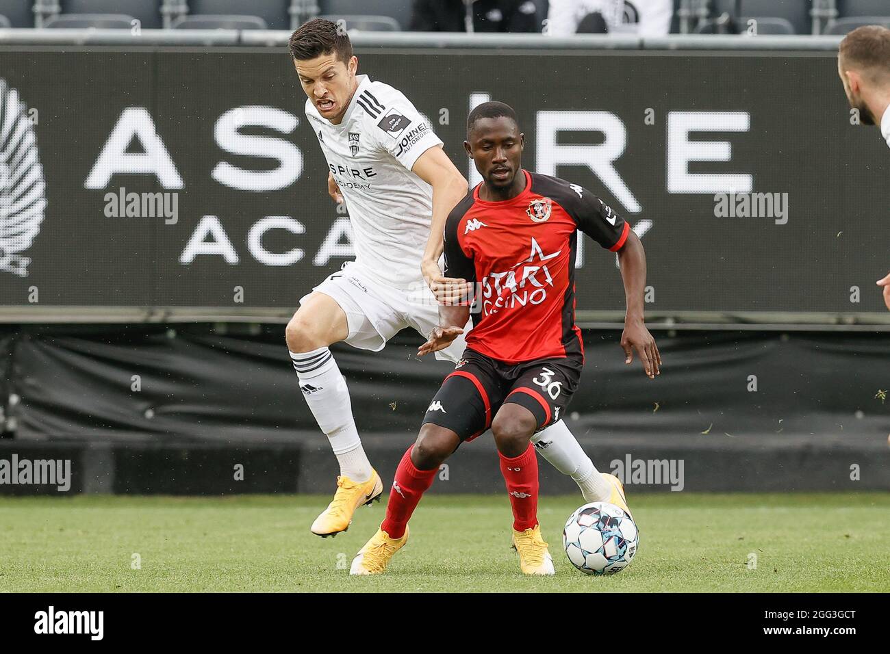 Eupen S Stef Peeters And Seraing S Ablie Jallow Fight For The Ball During A Soccer Match Between Kas Eupen And Rfc Seraing Saturday 28 August 2021 In Stock Photo Alamy