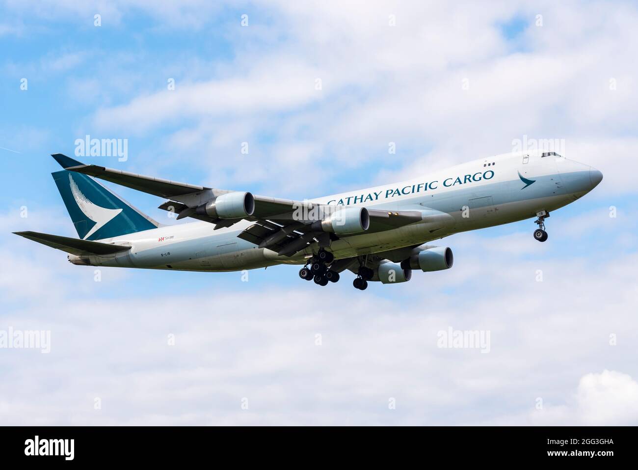 Cathay Pacific Cargo Boeing 747 Jumbo Jet freighter airliner jet plane B-LIB landing at London Heathrow Airport, UK. Freight carrier on finals to land Stock Photo