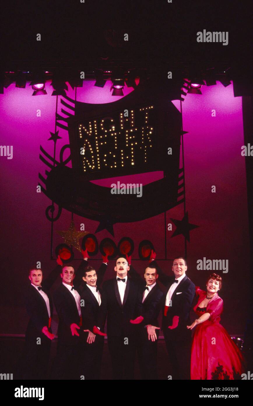 l-r: Stephen Speed, Craig Deegan, Francois Testory, Neil Bartlett, Paul Shaw, Reginald S. Bundy, Beverley Klein in NIGHT AFTER NIGHT at the Royal Court Theatre, London SW1  26/11/1993  a Gloria production  book & lyrics: Neil Bartlett  music: Nicolas Bloomfield  costumes: Cryn Horn & Neil Bartlett  lighting: David Kavanagh  choreography: Leah Hausman  director: Neil Bartlett Stock Photo