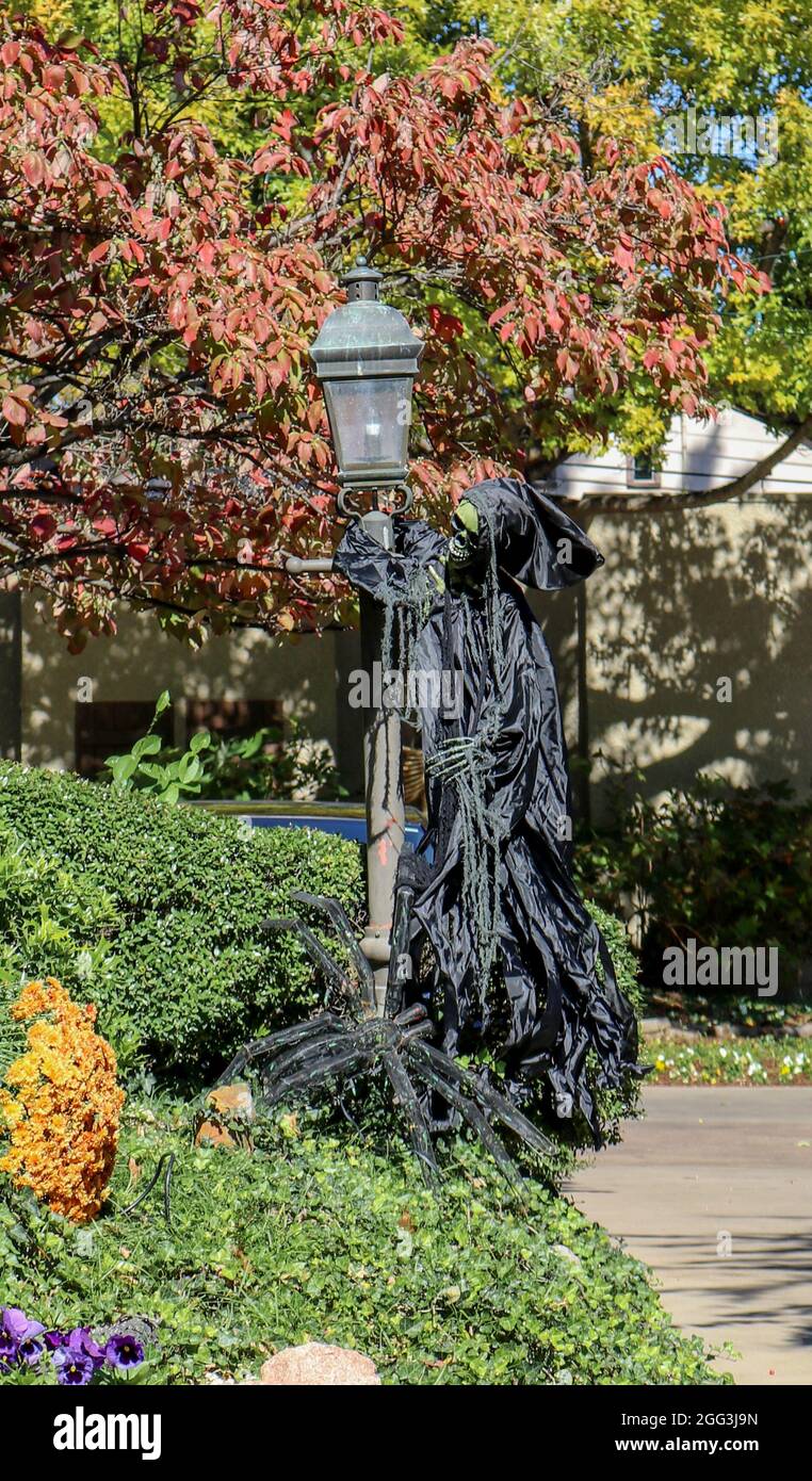 Halloween decoration-Grim Reaper hangs on Lamp pole with giant spider at his feet Stock Photo