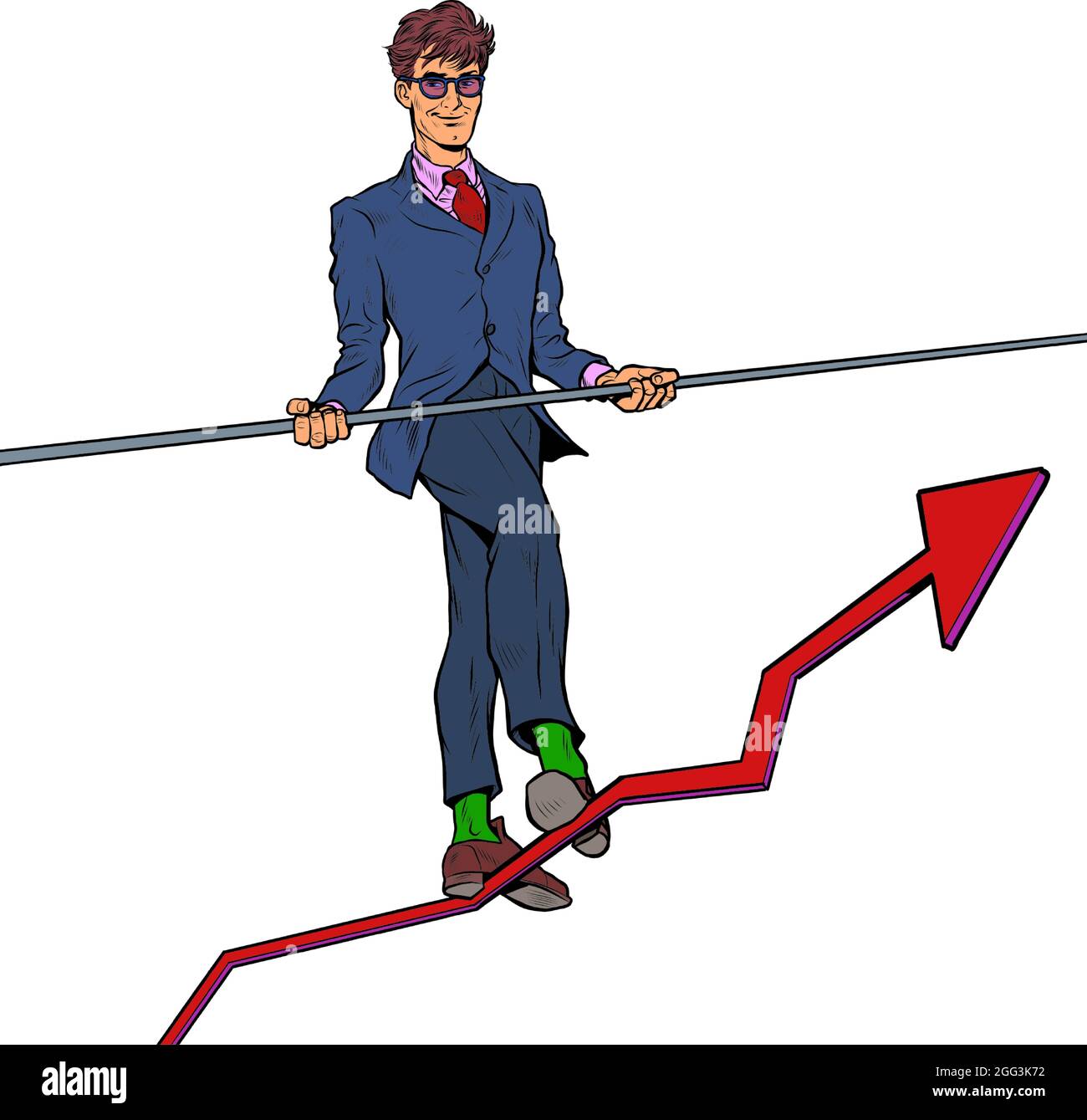 Businessman and sales growth charts. A man like an acrobat. Economics and Finance Stock Vector