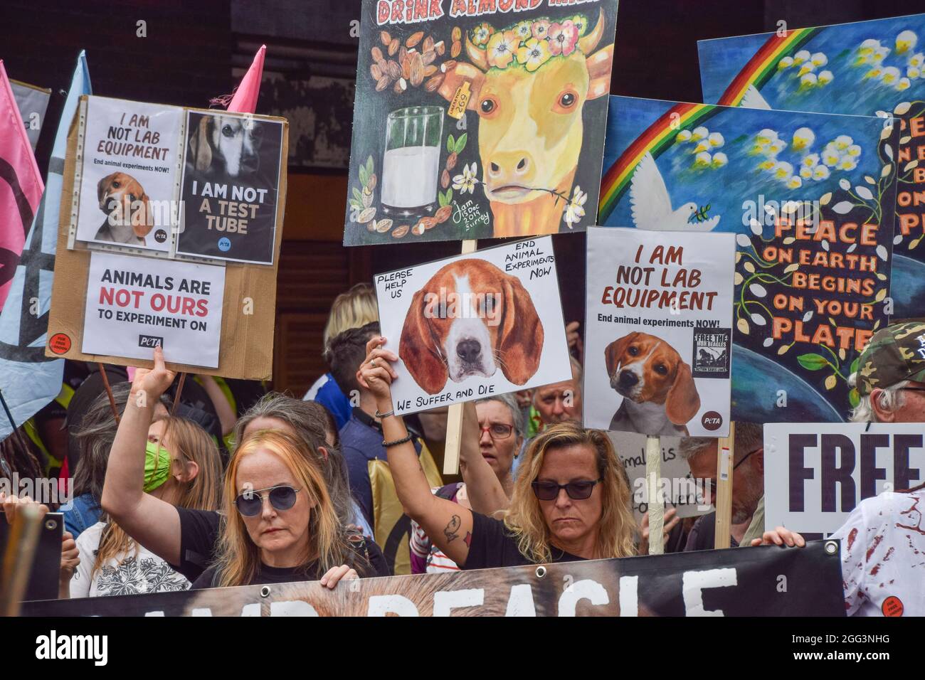 London, United Kingdom. 28th August 2021. Activists at Smithfield Market  during the National Animal Rights March. Animal rights activists and  organisations marched through City of London demanding an end to all animal