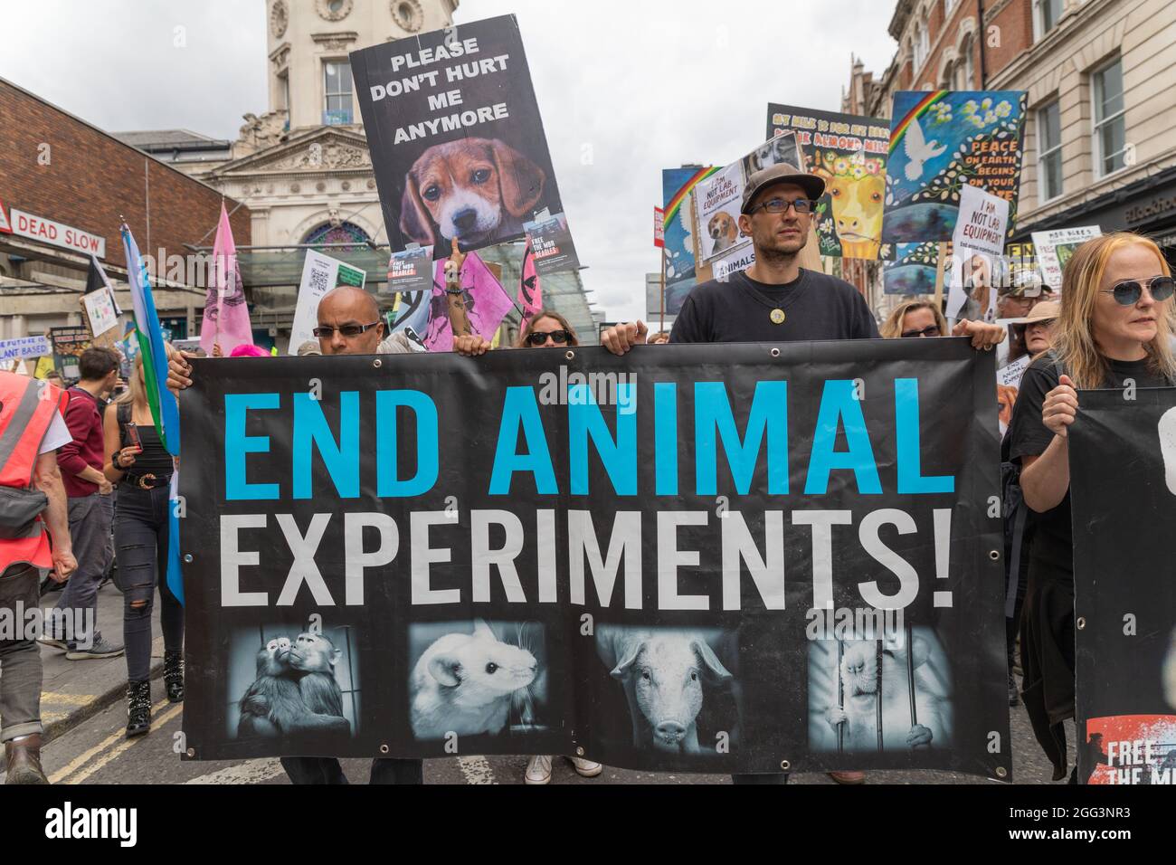 London, UK. 28th Aug, 2021. Animal rights protesters and activists ...
