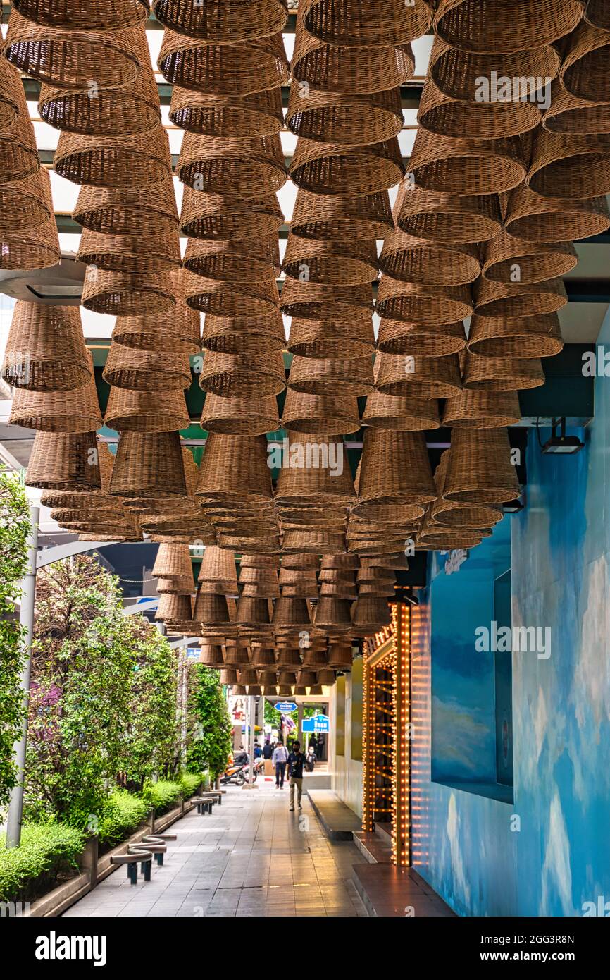 Bangkok, Thailand 04.28.2021 Wicker basket hanging as a decoration in Bangkok Stock Photo