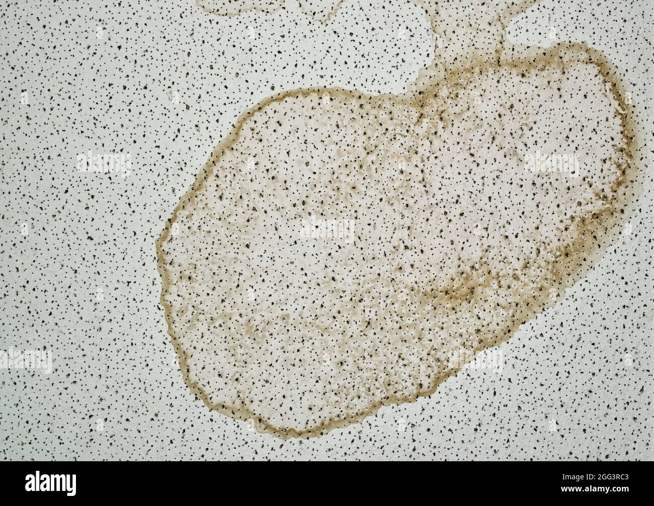 Dried water stain from a ceiling leak from a rain storm inside a commercial building. Stock Photo