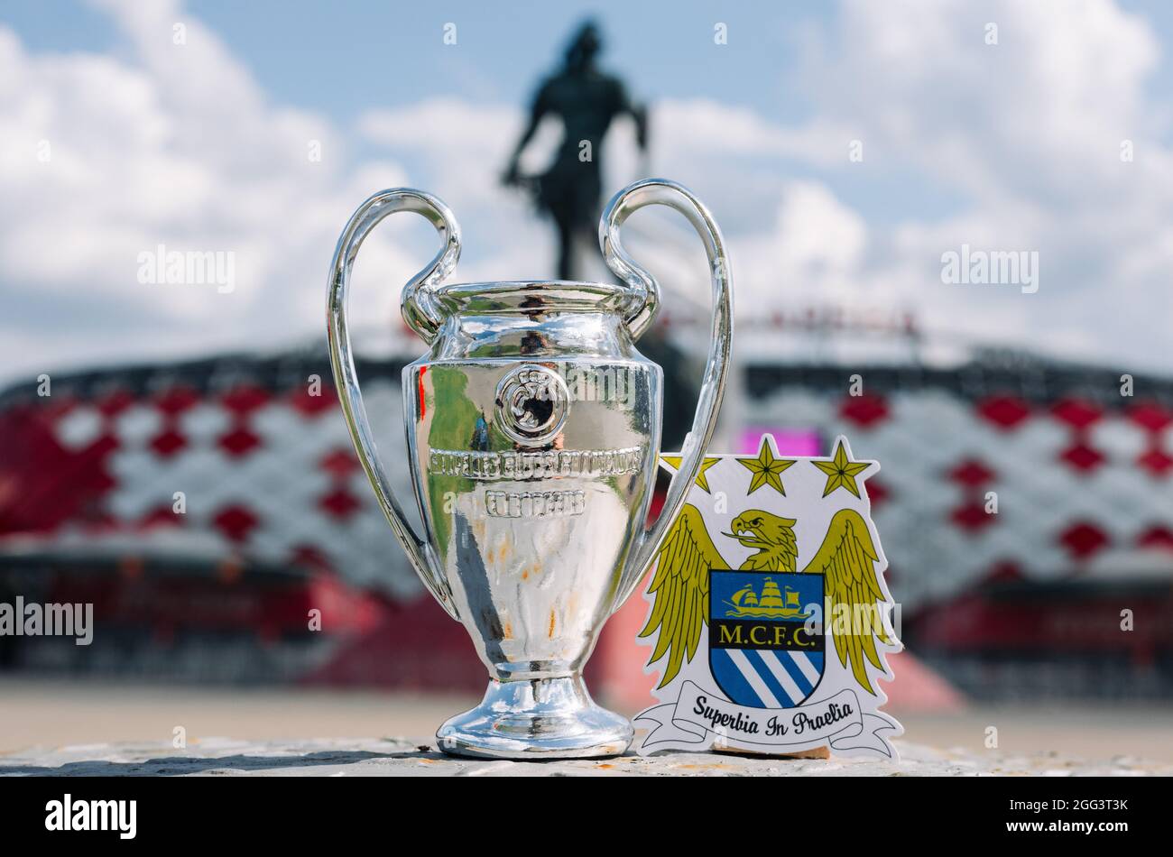 June 14 21 Manchester Uk The Emblem Of The Manchester City Football Club And The Uefa Champions League Cup Against The Backdrop Of A Modern Stadi Stock Photo Alamy