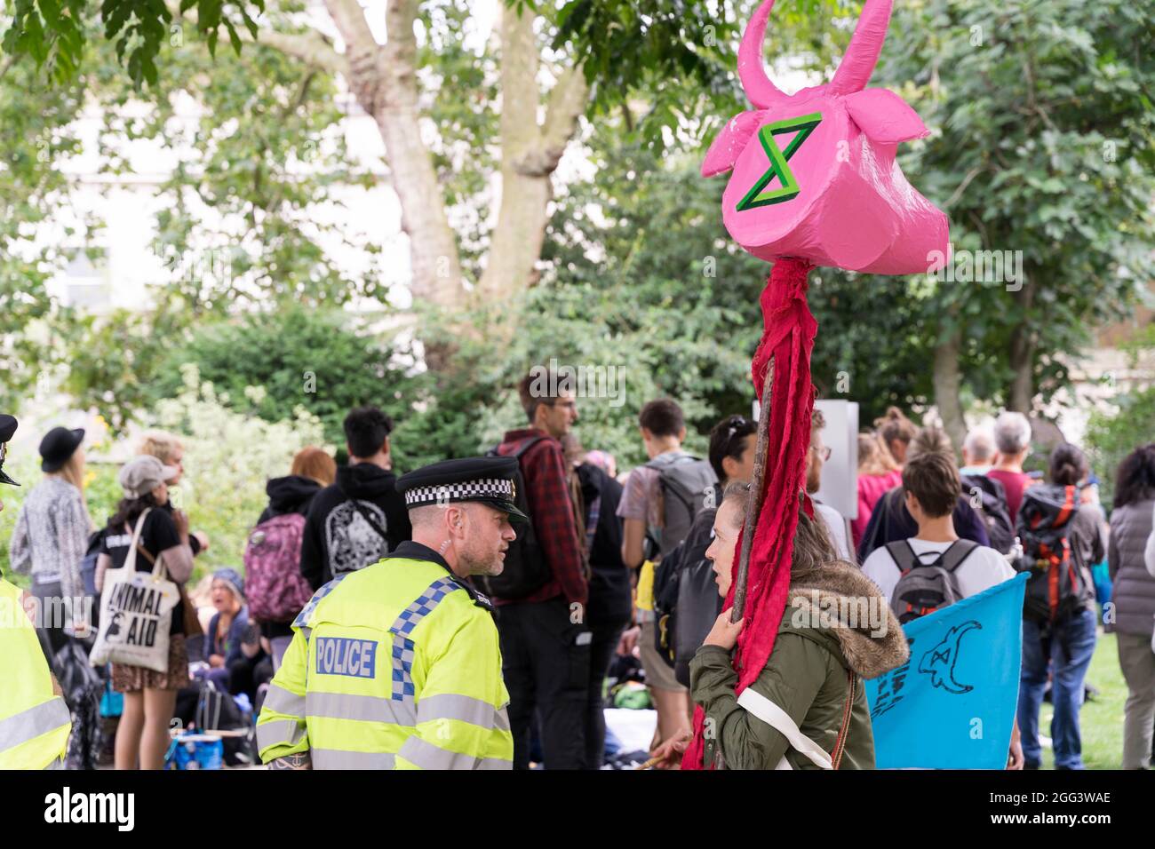 London, UK. 28th August 2021. Day 6,  The Impossible Rebellion continues, Extinction Rebellion (XR) joined Animal rebellion protesters at Smithsfield's market , central London, to demand government Act Now on the Climate Crisis and Ecological Emergency. Credit: Xiu Bao/Alamy Live News Stock Photo