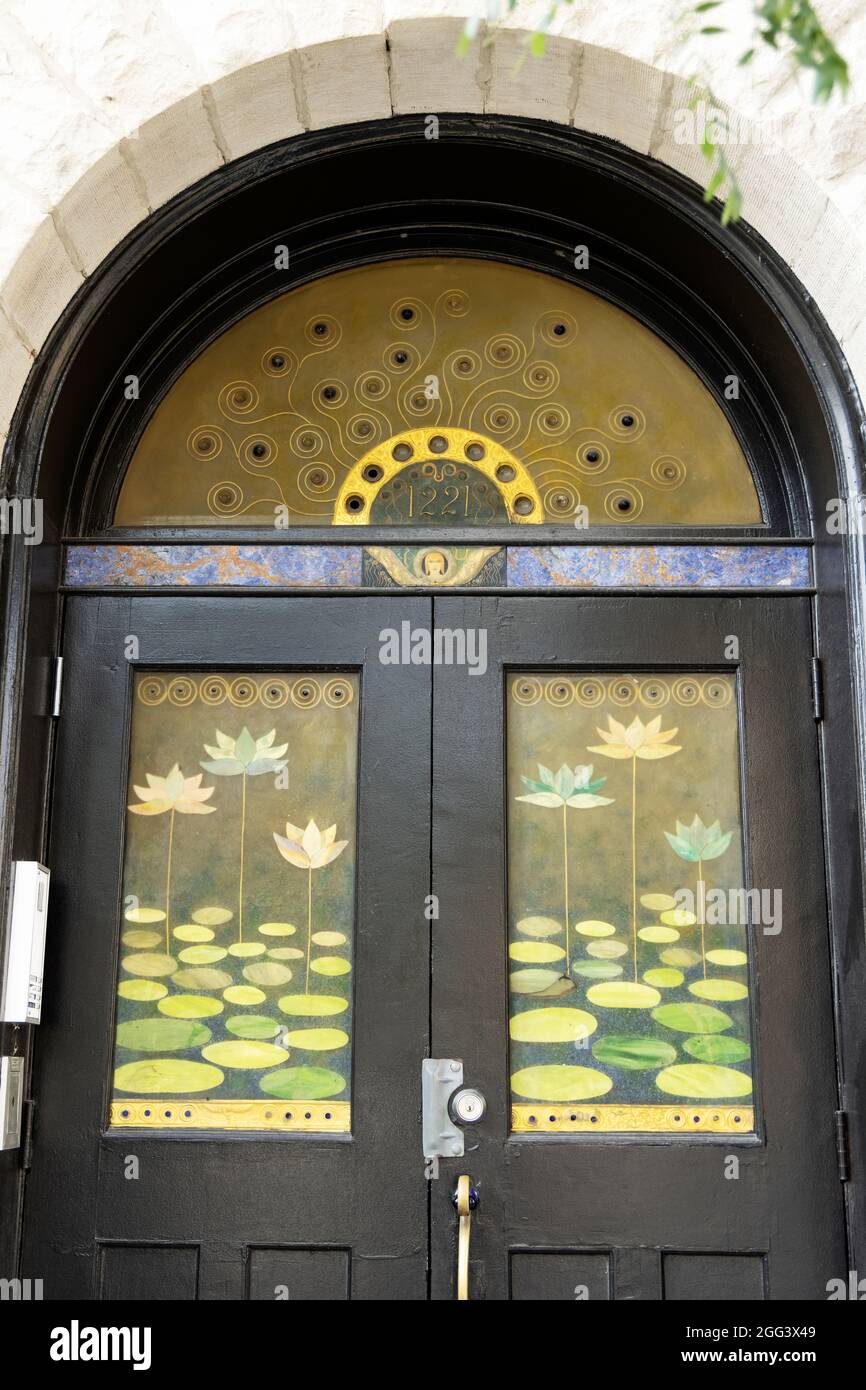 An art deco stained glass door at Thalia Hall (now home to Dusek's