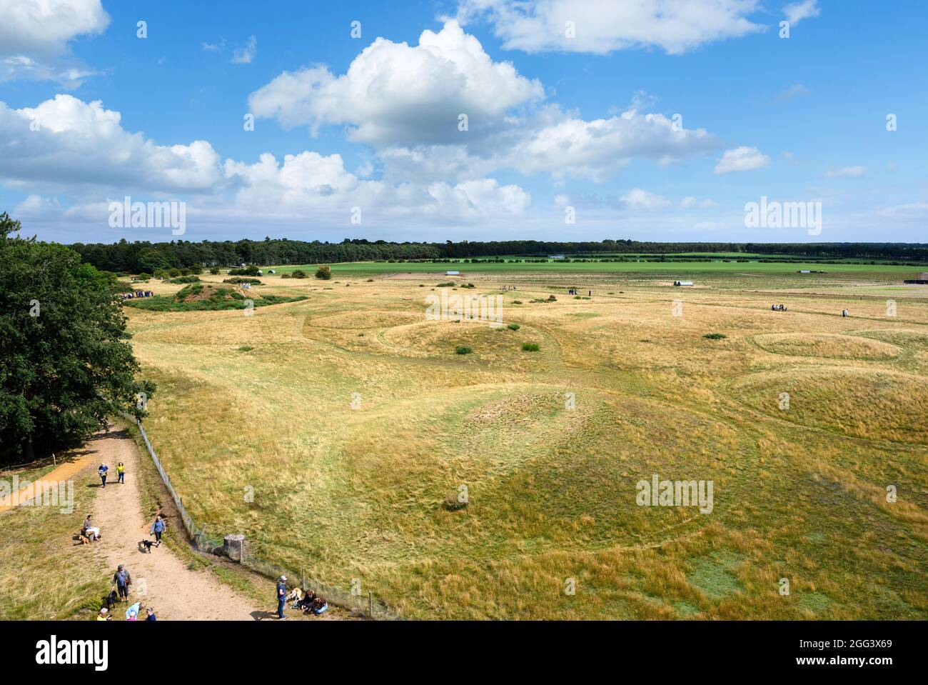 View over the burial mounds from the viewing tower, Sutton Hoo, Suffolk, East Anglia, England, UK Stock Photo