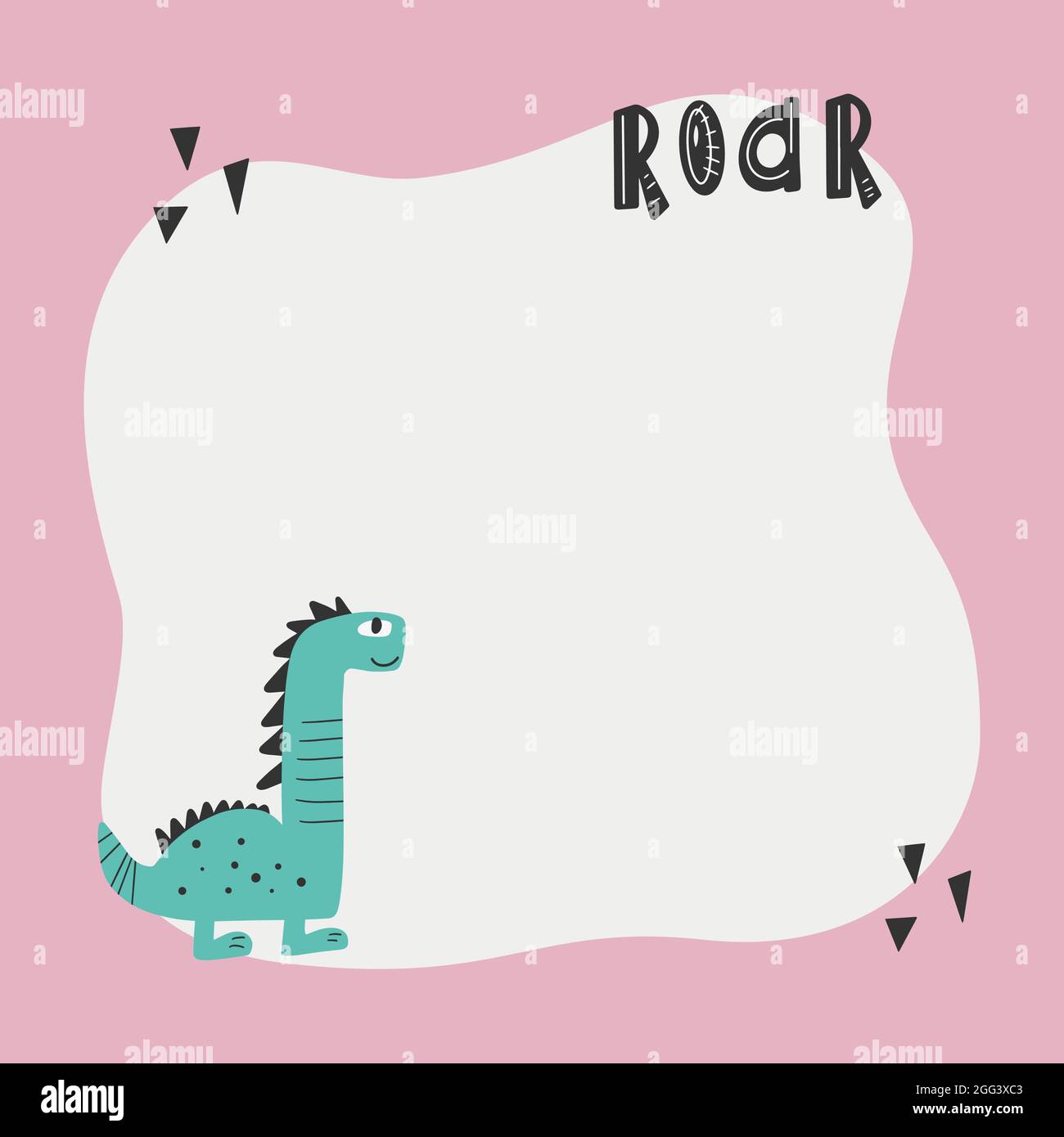 Cute dinosaur with a blot frame in simple cartoon hand-drawn style. Template for your text or photo. Ideal for cards, invitations, party, kindergarten Stock Vector