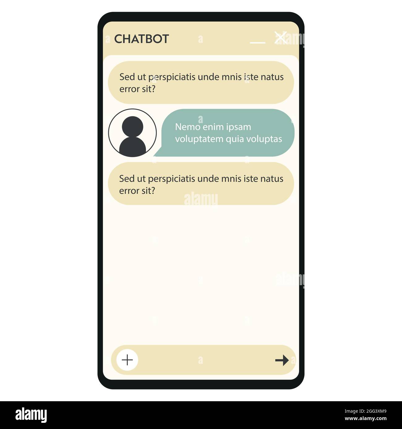 Chatbot window. User interface of application with online dialogue. Conversation with a robot assistant Stock Vector
