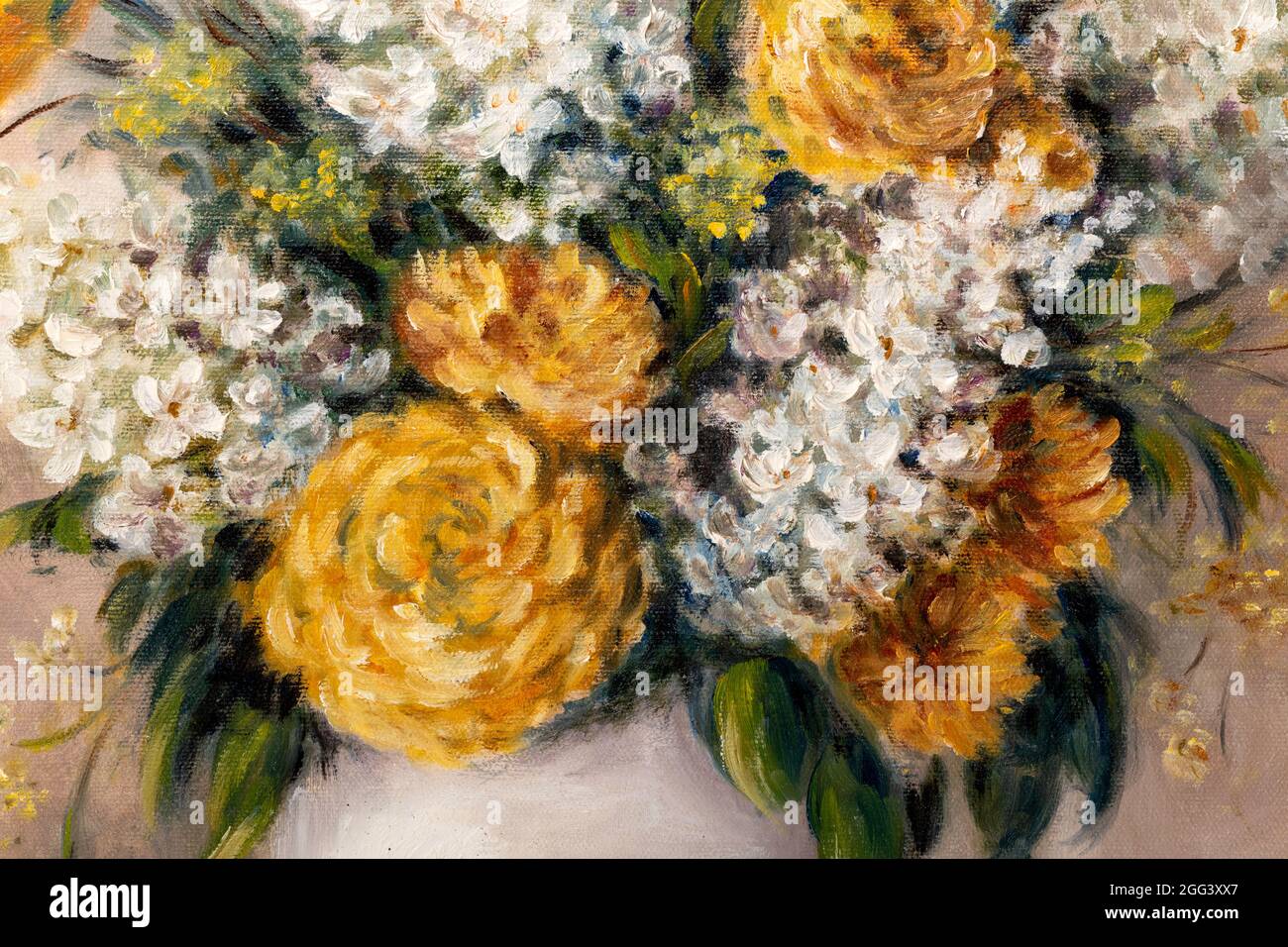 Fragment of still life oil painting depicting of orange chrysanthemum and white lilacs flowers in vase. Stock Photo
